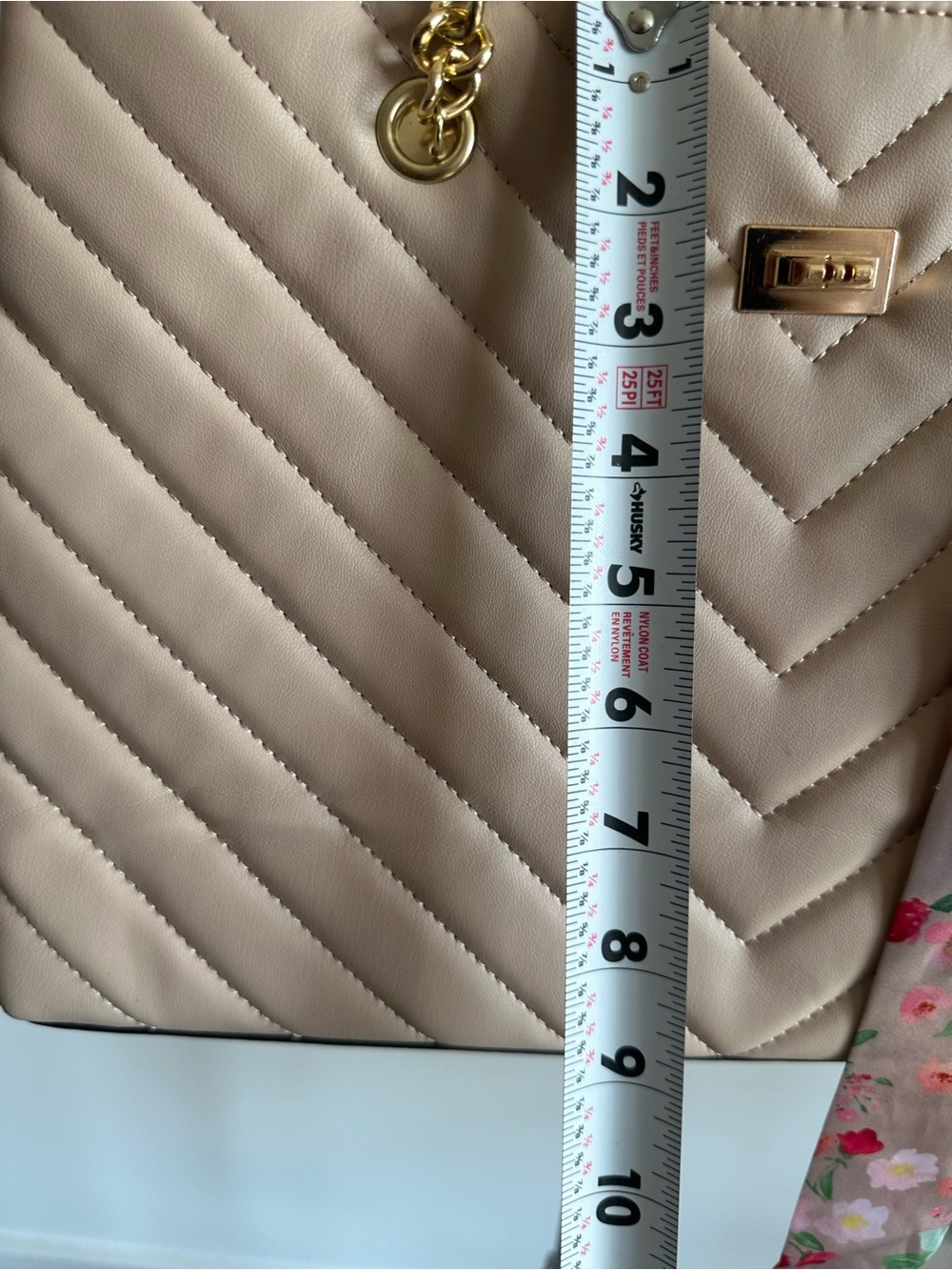 Ardene Taupe Quilted Shoulder Bag with Gold Chain and Floral Scarf - Picture 12 of 15